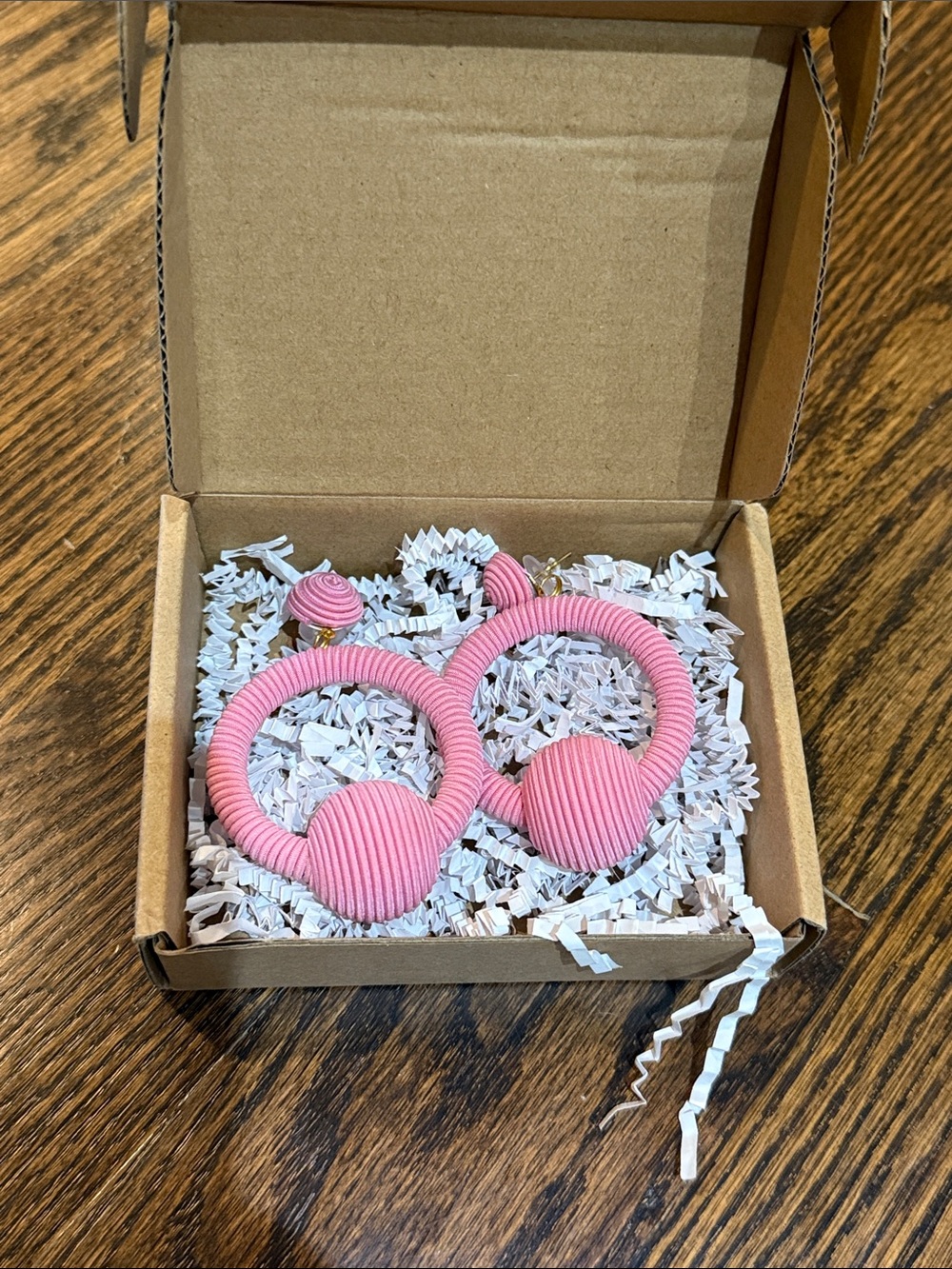 Handmade La La Hoop Drop Earrings in pink wrapped silk cord